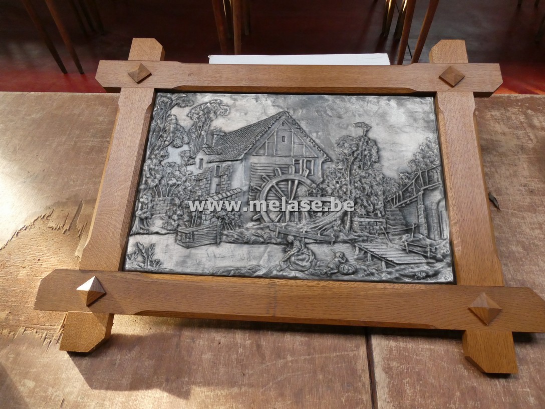 Tinnen tafereel in houten kader