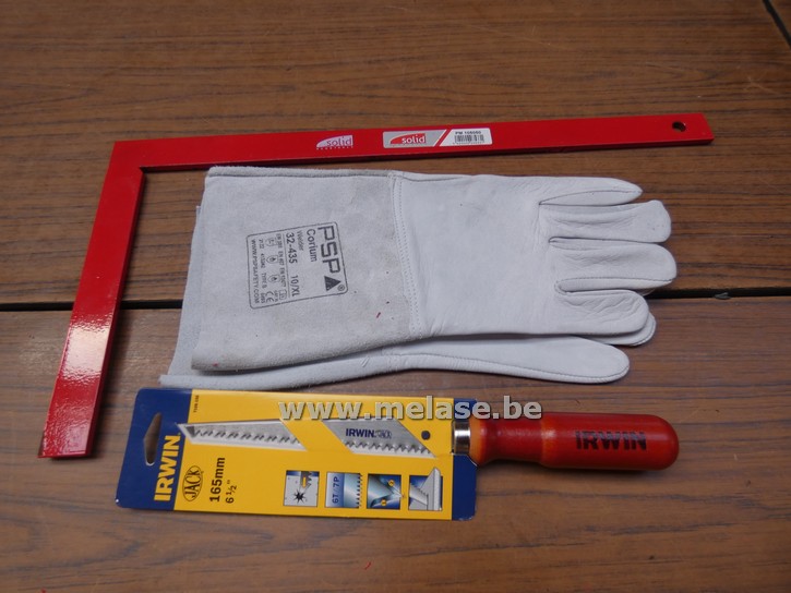 Set "Winkelhaak - handzaag - werkhandschoenen"